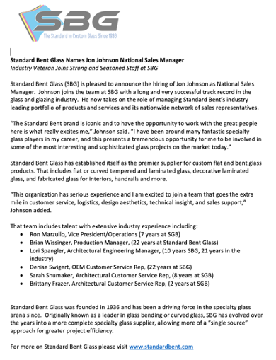 Standard Bent Glass Names Jon Johnson National Sales Manager